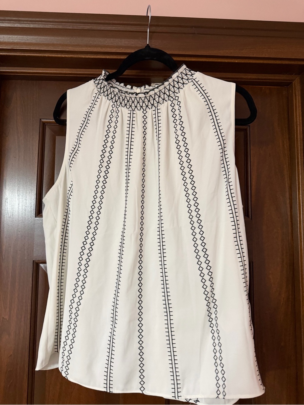 White House Black Market Cream Sleeveless Smocked Neck Embroidered Top